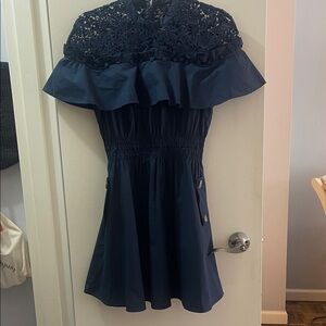 Self-Portrait Navy Crochet Yoke Ruffle Mini Dress
